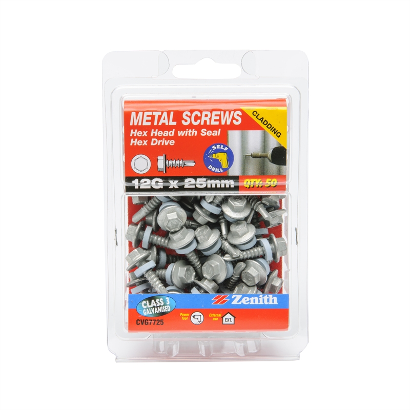 Zenith 12G x 25mm Hex Head Self Drill Screws (50 Per Pack)